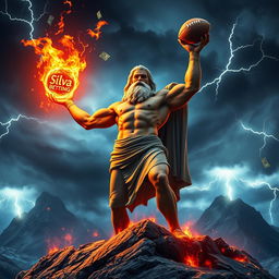 Zeus, the mighty Greek god, stands triumphantly at the pinnacle of a grand mountain, holding a flaming football in his hand