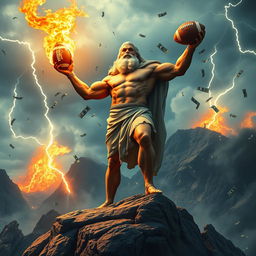 Zeus, the mighty Greek god, stands triumphantly at the pinnacle of a grand mountain, holding a flaming football in his hand