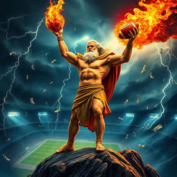 Zeus, the mighty Greek god, stands triumphantly at the pinnacle of a grand mountain, holding a flaming football in his hand