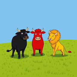 On a grassy plain, a fierce black cow and a vibrant red cow stand defiantly facing a menacing yellow lion