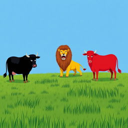 On a grassy plain, a fierce black cow and a vibrant red cow stand defiantly facing a menacing yellow lion