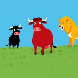 On a grassy plain, a fierce black cow and a vibrant red cow stand defiantly facing a menacing yellow lion