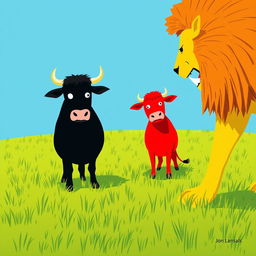 On a grassy plain, a fierce black cow and a vibrant red cow stand defiantly facing a menacing yellow lion