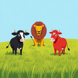 On a grassy plain, a courageous black cow and a striking red cow stand firmly opposite a fierce yellow lion
