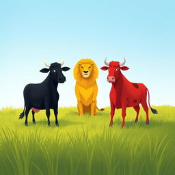 On a grassy plain, a courageous black cow and a striking red cow stand firmly opposite a fierce yellow lion