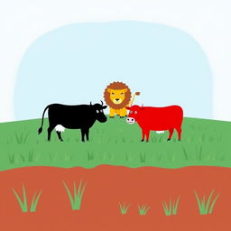 On a grassy plain, a courageous black cow and a striking red cow stand firmly opposite a fierce yellow lion