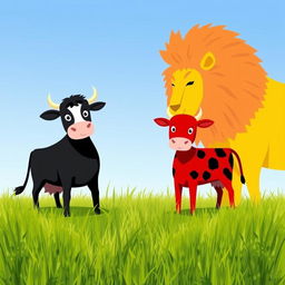 On a grassy plain, a courageous black cow and a striking red cow stand firmly opposite a fierce yellow lion