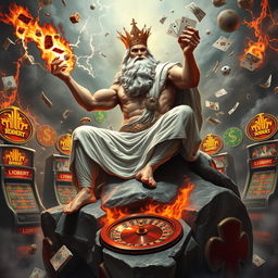 Zeus sitting on a large rock, surrounded by gambling machines and roulette wheels raking in millions of dollars