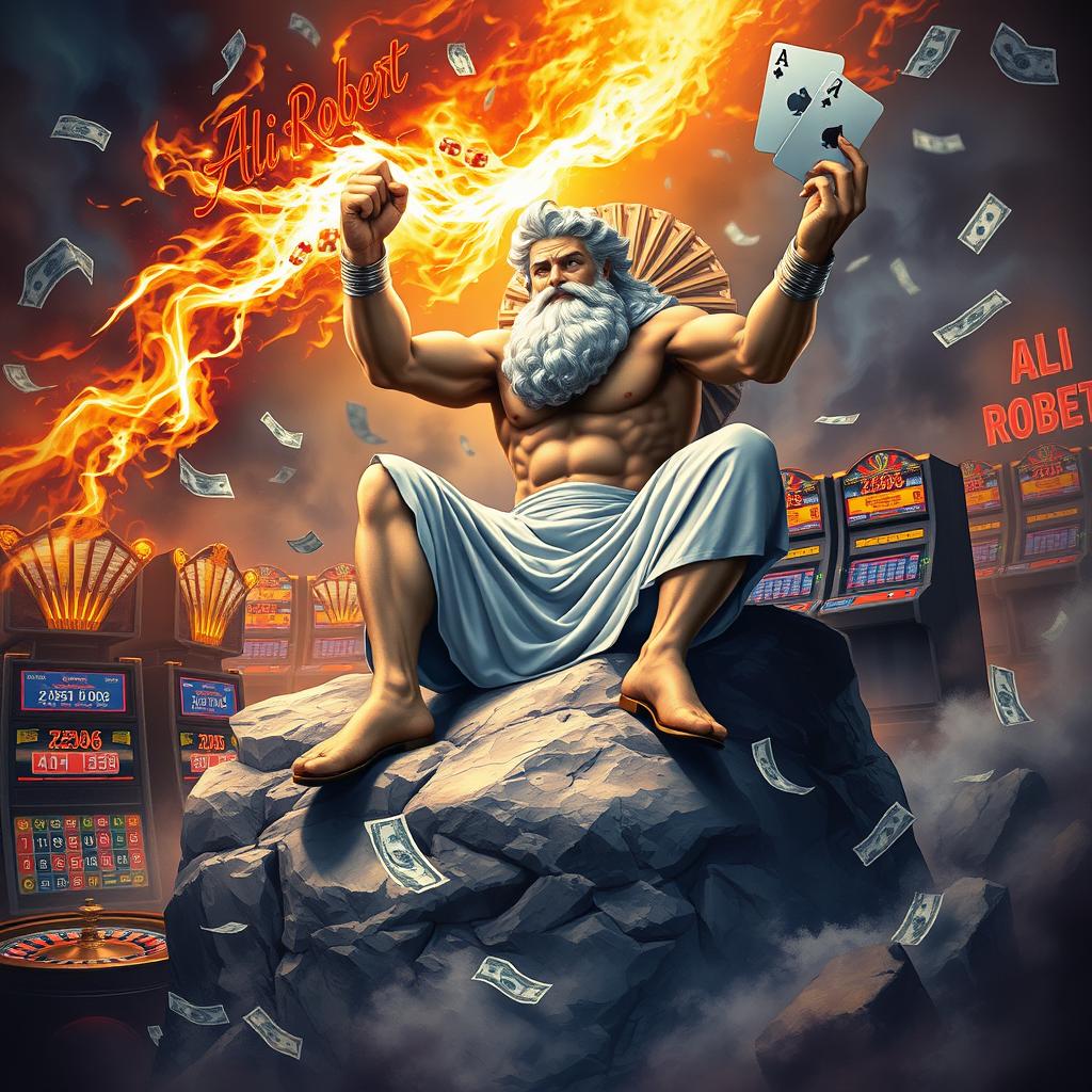 Zeus sitting on a large rock, surrounded by gambling machines and roulette wheels raking in millions of dollars