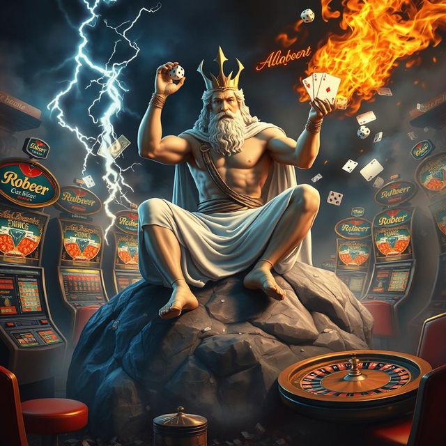 Zeus sitting on a large rock, surrounded by gambling machines and roulette wheels raking in millions of dollars