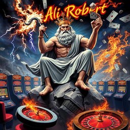 Zeus sitting on a large rock, surrounded by gambling machines and roulette wheels raking in millions of dollars