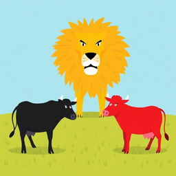 On a grassy plain, a stout black cow and a vibrant red cow stand boldly opposite a fierce yellow lion
