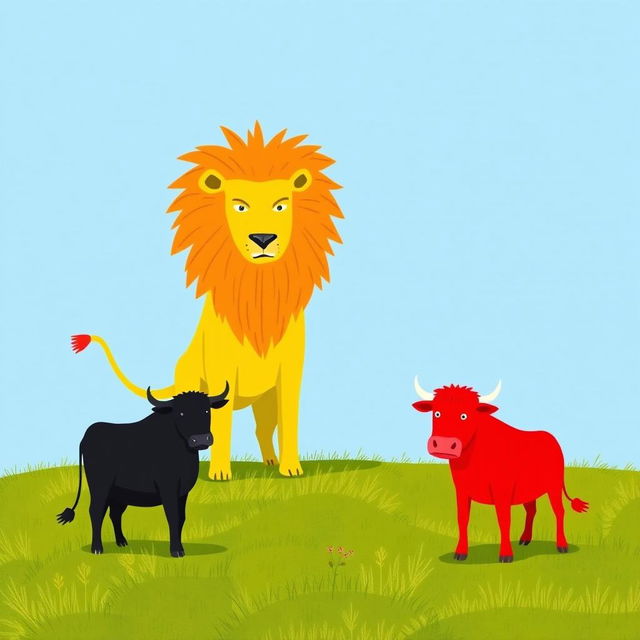 On a grassy plain, a stout black cow and a vibrant red cow stand boldly opposite a fierce yellow lion