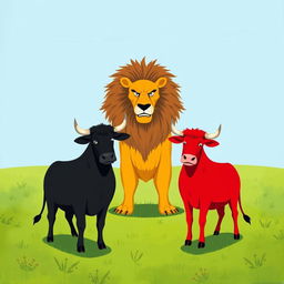 On a grassy plain, a stout black cow and a vibrant red cow stand boldly opposite a fierce yellow lion