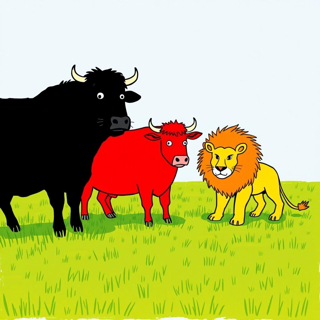 On a grassy plain, a stout black cow and a vibrant red cow stand boldly opposite a fierce yellow lion