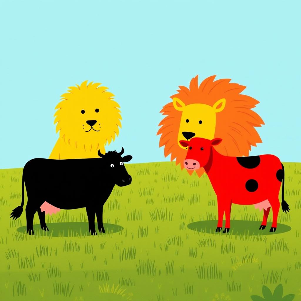 On a grassy plain, a bold black cow and a vibrant red cow stand confidently opposite a fierce yellow lion