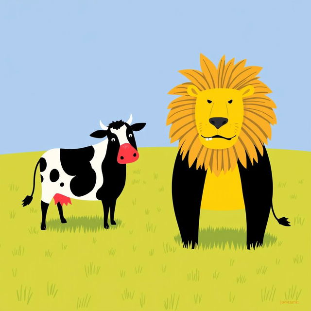 On a grassy plain, a bold black cow and a vibrant red cow stand confidently opposite a fierce yellow lion