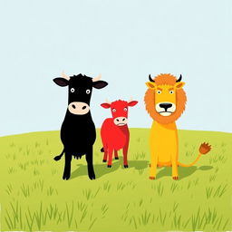 On a grassy plain, a bold black cow and a vibrant red cow stand confidently opposite a fierce yellow lion
