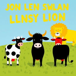 On a grassy plain, a bold black cow and a vibrant red cow stand confidently opposite a fierce yellow lion