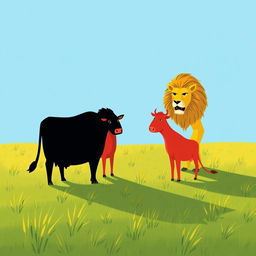 On a sprawling grassy plain, a bold black cow and a vibrant red cow stand defiantly across from a fierce yellow lion