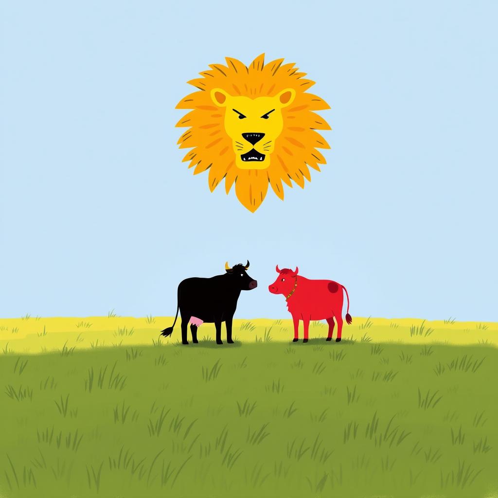 On a sprawling grassy plain, a bold black cow and a vibrant red cow stand defiantly across from a fierce yellow lion