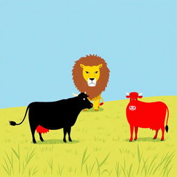 On a sprawling grassy plain, a bold black cow and a vibrant red cow stand defiantly across from a fierce yellow lion