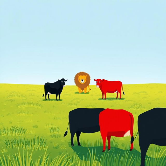 On a sprawling grassy plain, a bold black cow and a vibrant red cow stand defiantly across from a fierce yellow lion