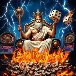 Zeus seated on a throne made of 777 gambling machines, holding a large scepter crafted from roulette sheets and a giant die that he is throwing