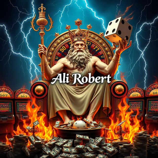 Zeus seated on a throne made of 777 gambling machines, holding a large scepter crafted from roulette sheets and a giant die that he is throwing