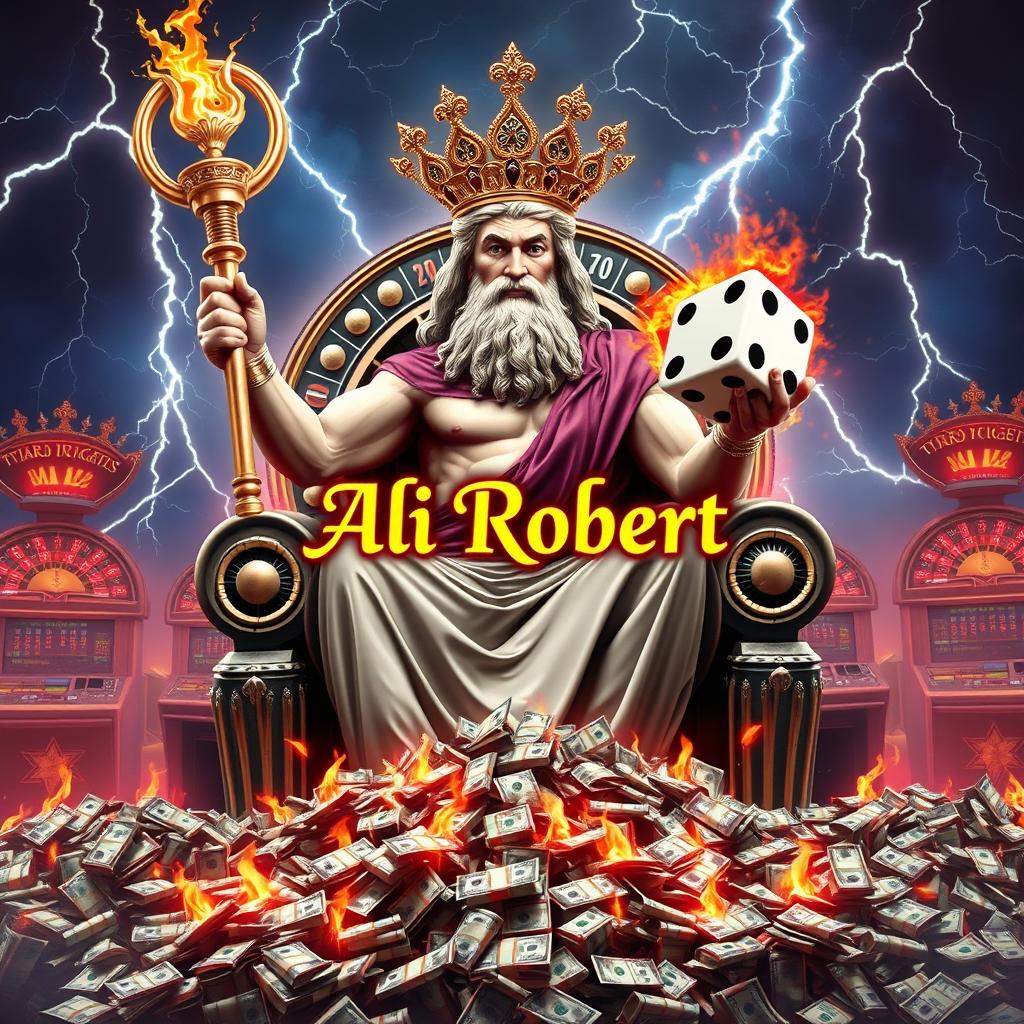 Zeus seated on a throne made of 777 gambling machines, holding a large scepter crafted from roulette sheets and a giant die that he is throwing