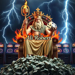 Zeus seated on a throne made of 777 gambling machines, holding a large scepter crafted from roulette sheets and a giant die that he is throwing