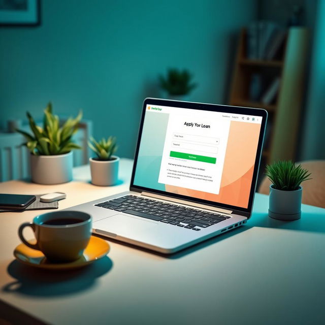 A scene depicting a modern online loan application process, showcasing a user-friendly interface on a laptop screen