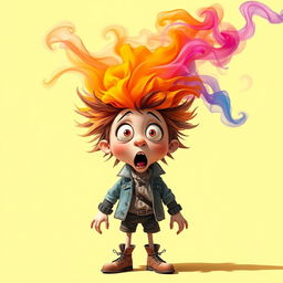 A whimsical character with wild hair and an exaggerated surprised expression, standing with their eyes wide and mouth open in astonishment, as a cloud of colorful smoke billows out from their head, symbolizing the bursting of ideas and thoughts