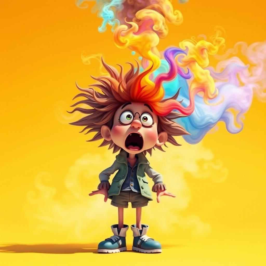 A whimsical character with wild hair and an exaggerated surprised expression, standing with their eyes wide and mouth open in astonishment, as a cloud of colorful smoke billows out from their head, symbolizing the bursting of ideas and thoughts