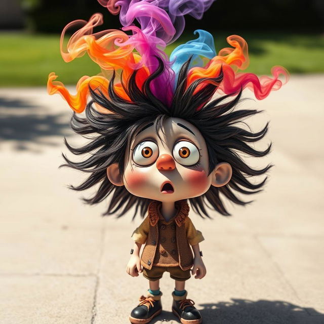 A whimsical character with wild hair and an exaggerated surprised expression, standing with their eyes wide and mouth open in astonishment, as a cloud of colorful smoke billows out from their head, symbolizing the bursting of ideas and thoughts