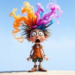 A whimsical character with wild hair and an exaggerated surprised expression, standing with their eyes wide and mouth open in astonishment, as a cloud of colorful smoke billows out from their head, symbolizing the bursting of ideas and thoughts