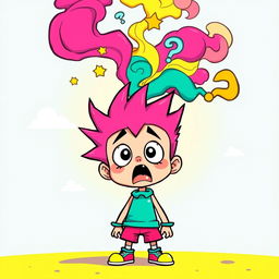 A colorful cartoon character with spiky hair and an exaggerated expression of shock, standing with wide eyes and an open mouth, clearly experiencing a mind-blowing moment