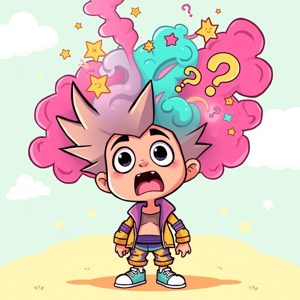 A colorful cartoon character with spiky hair and an exaggerated expression of shock, standing with wide eyes and an open mouth, clearly experiencing a mind-blowing moment