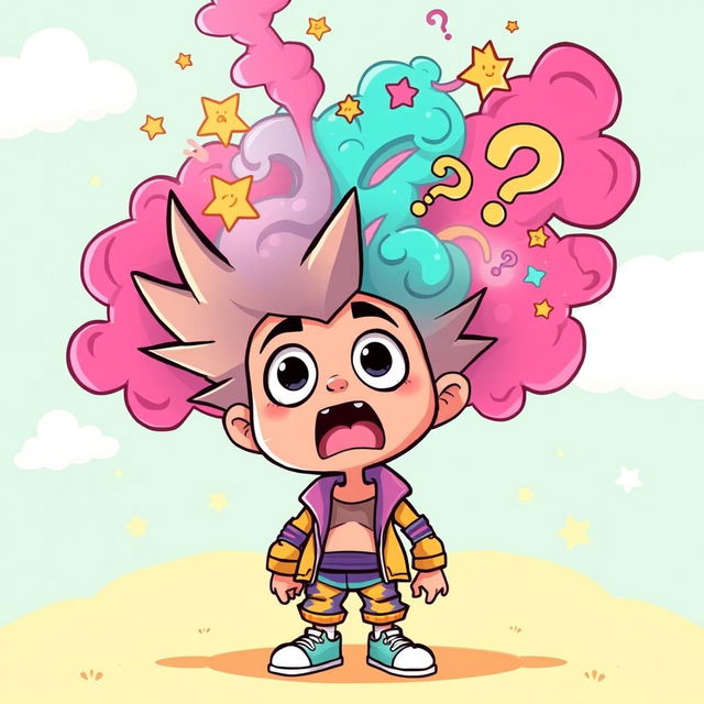 A colorful cartoon character with spiky hair and an exaggerated expression of shock, standing with wide eyes and an open mouth, clearly experiencing a mind-blowing moment