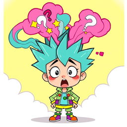 A colorful cartoon character with spiky hair and an exaggerated expression of shock, standing with wide eyes and an open mouth, clearly experiencing a mind-blowing moment