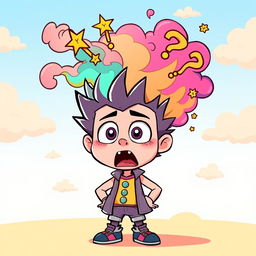 A colorful cartoon character with spiky hair and an exaggerated expression of shock, standing with wide eyes and an open mouth, clearly experiencing a mind-blowing moment