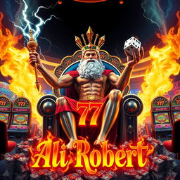 Zeus in a casino lounge, sitting on a giant chair made of 777 gambling machines