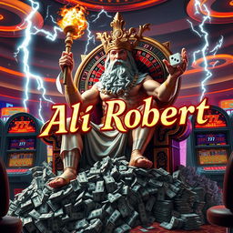 Zeus in a casino lounge, sitting on a giant chair made of 777 gambling machines