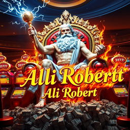 Zeus in a casino lounge, sitting on a giant chair made of 777 gambling machines