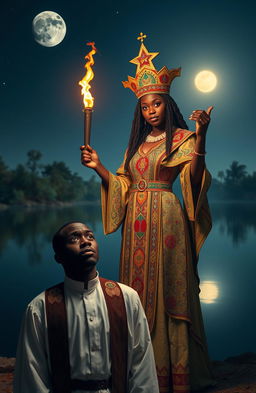 A 25 year old black woman dressed in an elaborate chief priestess outfit, intricately designed with vibrant colors and symbols, holds a glowing flame torch in her hand, casting a warm light around her