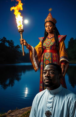 A 25 year old black woman dressed in an elaborate chief priestess outfit, intricately designed with vibrant colors and symbols, holds a glowing flame torch in her hand, casting a warm light around her