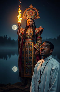 A 25 year old black woman dressed in an elaborate chief priestess outfit, intricately designed with vibrant colors and symbols, holds a glowing flame torch in her hand, casting a warm light around her