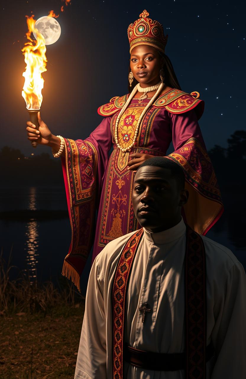 A 25 year old black woman dressed in an elaborate chief priestess outfit, intricately designed with vibrant colors and symbols, holds a glowing flame torch in her hand, casting a warm light around her
