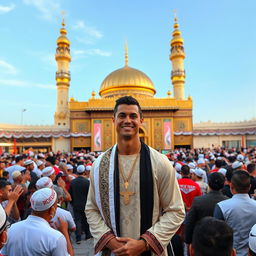 Cristiano Ronaldo visiting the holy city of Karbala, standing in front of the Imam Hussain Shrine, dressed in traditional Iraqi attire, surrounded by vibrant crowds of pilgrims