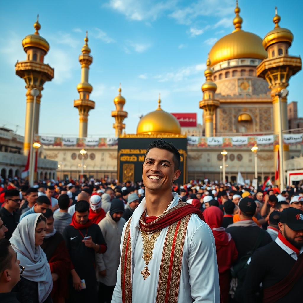 Cristiano Ronaldo visiting the holy city of Karbala, standing in front of the Imam Hussain Shrine, dressed in traditional Iraqi attire, surrounded by vibrant crowds of pilgrims